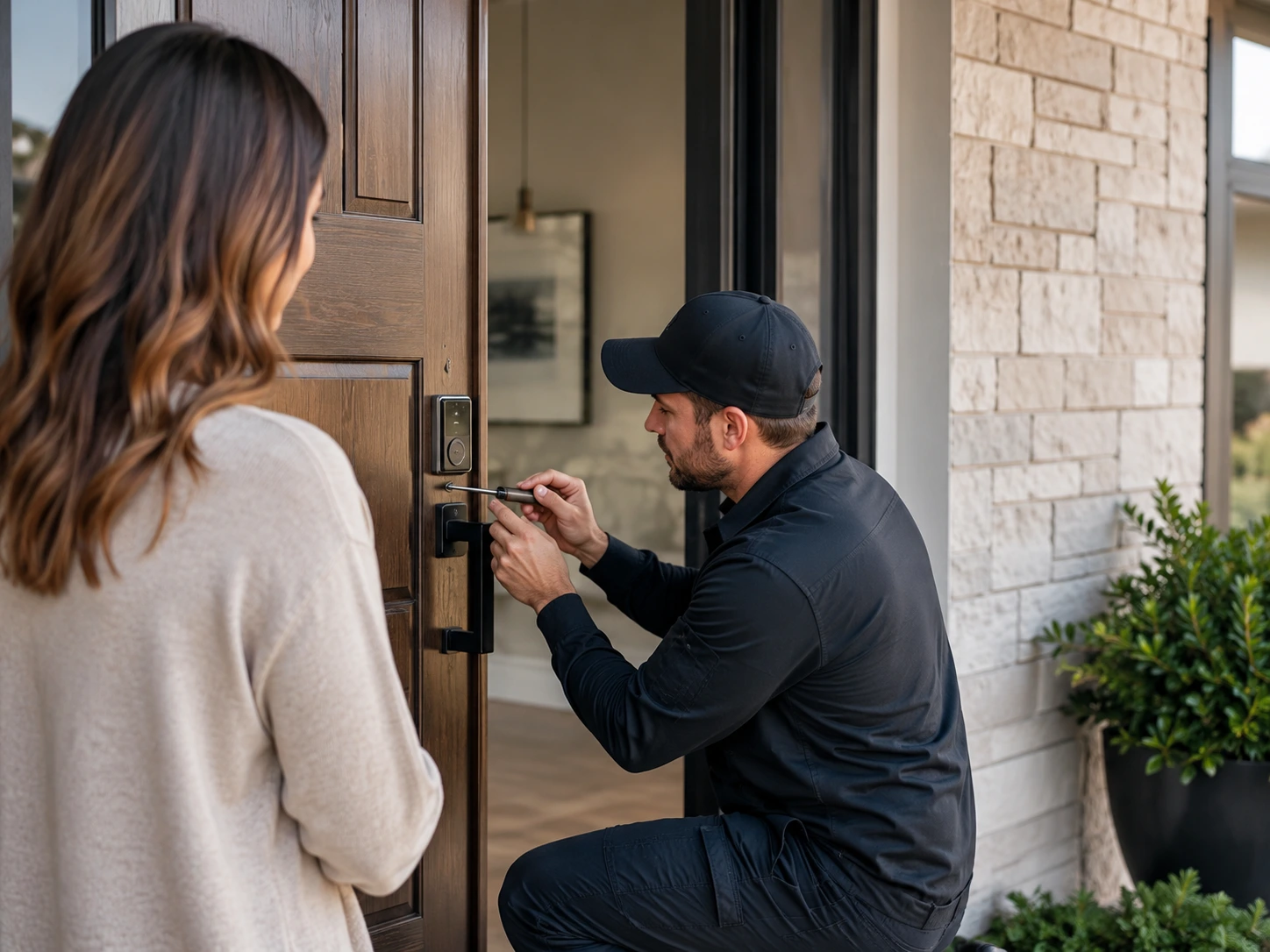 Residential locksmith service at a home door